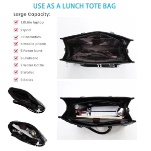 Large capacity black tote bag detail with multi-compartment interior for laptop daily use.