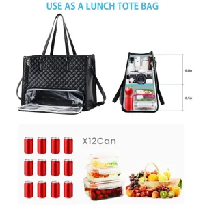 Detailed view of large capacity black quilted tote bag with lunch compartment and storage.