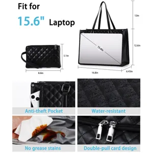 Large capacity quilted black tote bag detail showing 15.6 inch laptop fit and water resistance.
