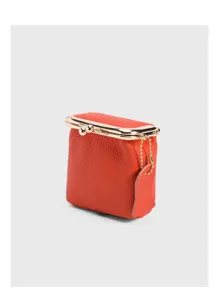 Genuine leather litchi pattern kiss lock coin purse mini portable lipstick storage bag orange