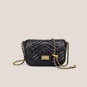 Schwarze gesteppte Chevron-Kettentasche mit goldenem Drehverschluss für Damen elegant