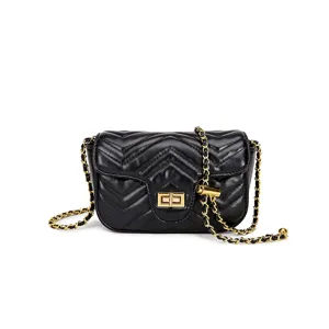 Schwarze gesteppte Kettentasche, elegante Umhängetasche aus Leder mit goldenem Schloss.