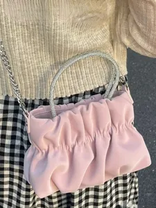 Women Fashion Ruched Cloud PU Leather Bag Rhinestone Top Handle Handbag Elegant Chain Shoulder Crossbody Bag Daily Purse