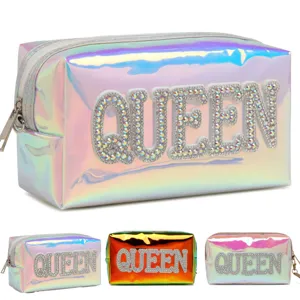 Large Capacity Waterproof Laser PVC Cosmetic Bag Travel Toiletry Organizer Pouch with Rhinestone Letter Fashion Makeup Bag