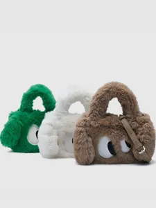 Women's Cute Plush Shoulder Crossbody Bag Fluffy Faux Fur Big Eyes Design Sweet Style Top Handle Handbag Daily Purse