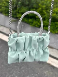 Macaron mint green ruched cloud shoulder bag with dazzling rhinestone handle and silver chain.