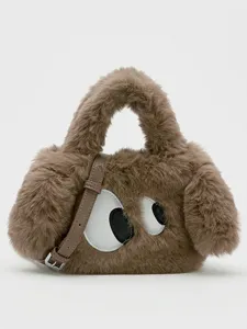 Fluffy plush brown crossbody shoulder handbag with cute big eyes design for women winter fashion