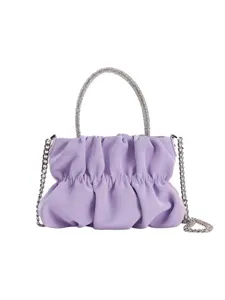 Elegant purple ruched cloud handbag with rhinestone handle and silver chain strap.