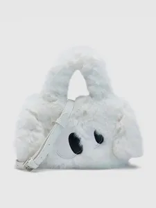 Cute winter fluffy plush handbag with big eyes design, versatile crossbody shoulder bag.