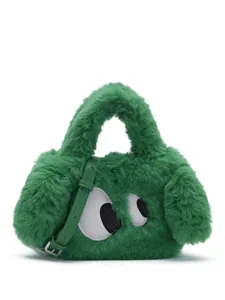 Cute green fluffy plush crossbody bag for women, winter furry novelty handbag with big eyes design.