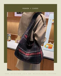 Vintage women's autumn winter plaid wool hobo shoulder bag casual large tote bag