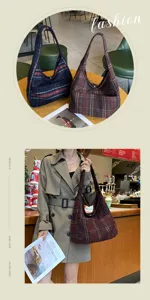 Vintage autumn winter women plaid shoulder bag large capacity casual commuter tote bag