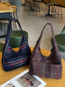 Retro Women Winter Autumn Woolen Striped Tote Bag Large Capacity Casual Shoulder Bag Soft Fabric Magnetic Closure Handbag
