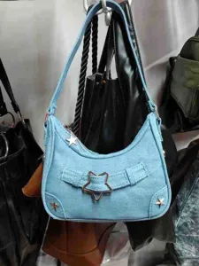 Blaue Denim Baguette Schultertasche mit Sternschnalle, trendige Damen Unterarmtasche für Alltag