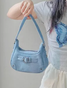 Blaue Jeans Schultertasche für Damen, Y2K Sternschnalle Baguette Handtasche für Alltag.