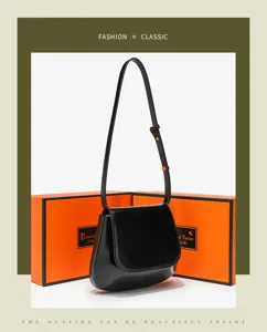 Minimalist black leather saddle bag detail, vintage chestnut shoulder bag with flap design.