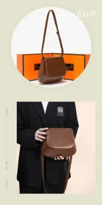 Detailed view of the brown leather saddle bag showing premium texture, flap closure and strap.