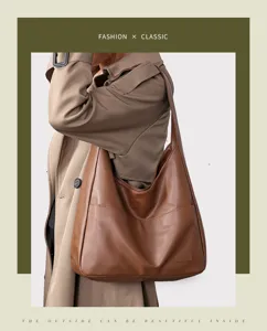 Classic brown PU leather hobo shoulder bag, versatile large capacity commuter tote bag detail.