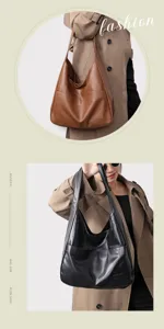 Detailed view of casual PU leather hobo shoulder bag with roomy space and side pockets.