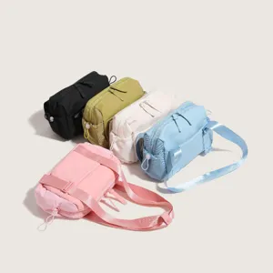 Nylon multi-functional sports fitness bag detail, casual travel handbag closeup display.