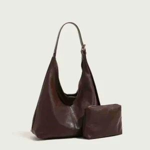 Retro dark brown hobo shoulder bag set with small pouch for women daily casual commute use.