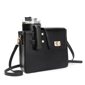 Black PU leather tumbler crossbody bag with dedicated cup holder, outdoor portable pouch.