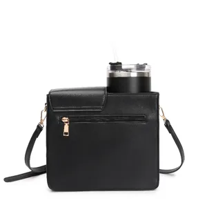 Black PU leather tumbler crossbody bag detail, convenient cup holder pouch for outdoor travel.