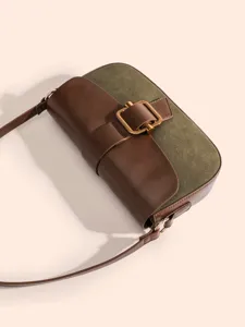 Vintage Kontrastfarbe Schultertasche mit Metall Schnalle Retro Umhaengetasche Damen