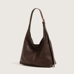 Detailed view of the dark brown minimalist hobo shoulder bag, large capacity commute tote.