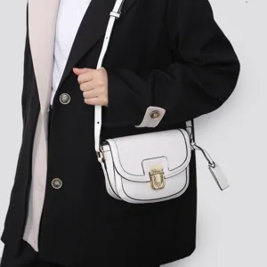 Women white saddle bag classic crossbody shoulder bag trendy fashion casual handbag with gold clasp