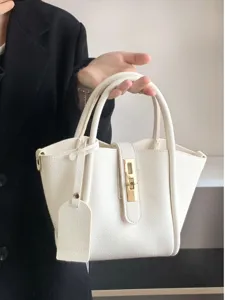 Minimalist PU Leather Bucket Bag For Women Litchi Pattern Solid Color Handbag Chic Metal Lock Crossbody Shoulder Bag