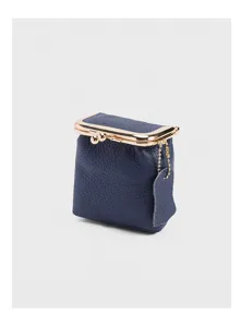 Leather kiss-lock pouch detail, compact mini coin purse and lipstick holder in navy blue.