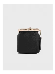 Genuine leather kiss-lock coin purse, mini lipstick storage bag, portable black pouch.