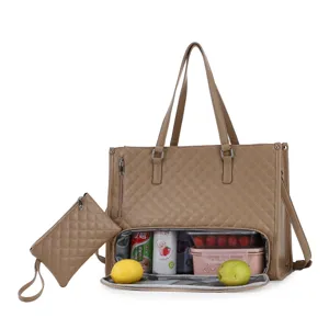 Large capacity quilted tote bag with lunch compartment, laptop storage, and matching pouch for women.