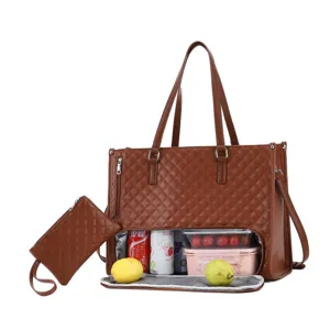 Large capacity quilted tote bag with laptop storage and bottom lunch box compartment for daily use.