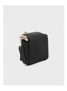 Mini black leather kiss lock coin purse detail view, compact clasp wallet for lipstick.