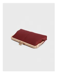 Vintage leather kiss lock coin purse, mini wine red clutch bag with metal frame for daily.