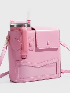 Pink PU Leather Tumbler Carrier Crossbody Bag Large Capacity Outdoor Travel Cup Pouch with Strap