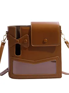 Brown leather water bottle messenger bag for outdoor, large capacity shoulder bag with clear window.