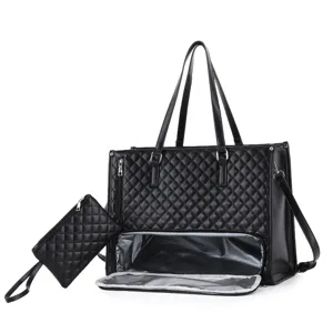 Black quilted tote bag laptop lunch compartment 2in1 shoulder crossbody bag detail view
