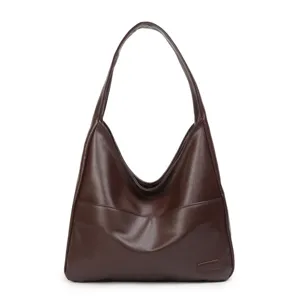 Braune weiche Leder Tote Schultertasche für Damen, große Kapazität Freizeit Handtasche Detail.