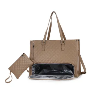 Large capacity quilted tote bag with lunch compartment and small pouch for women work travel.