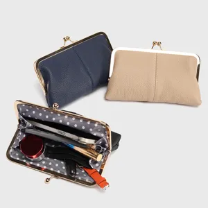 Vintage Genuine Leather Kiss Lock Coin Purse Women Mini Lipstick Clutch Wallet Retro Portable Small Change Bag Handbag