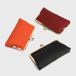 Vintage genuine leather kiss-lock clutch wallet compact cosmetic lipstick storage bag