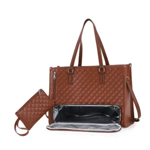 Detailed view of brown quilted tote bag featuring insulated lunch compartment and matching pouch