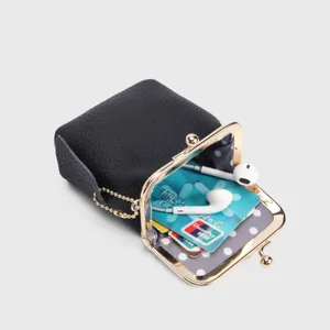 Genuine leather litchi pattern kiss lock coin purse mini lipstick storage bag compact