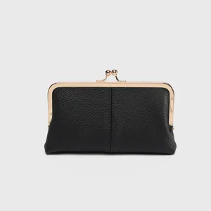 Black leather kiss lock coin purse vintage clutch wallet with gold frame for women.