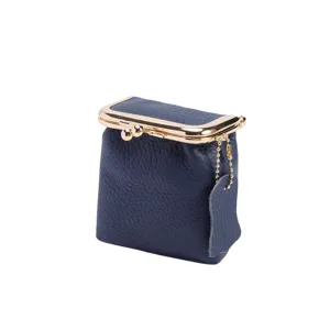 Genuine leather kiss lock coin purse mini navy blue lipstick storage bag compact coin pouch