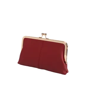 Red leather kiss-lock clutch vintage wallet compact coin purse for women daily use bag