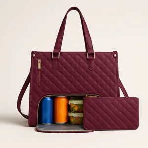 Large capacity quilted tote bag with bottom lunch compartment and matching pouch for women.